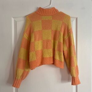 Checkered Mock Neck Sweater, Orange and Yellow
